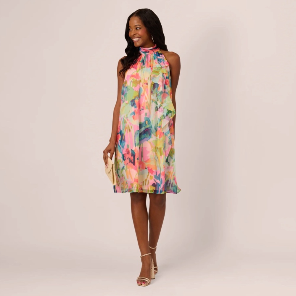 Adrianna Papell Floral Ruffle Chiffon Halter Trapeze Dress In Pink Multi - Picture 2 of 12